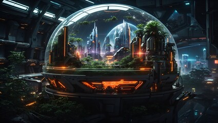 view of the city and green ecosystem inside a beautiful glass dome with orange lights made by ai