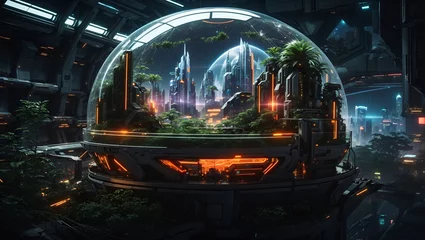 Foto op Plexiglas view of the city and green ecosystem inside a beautiful glass dome with orange lights made by ai © M.Taufiq