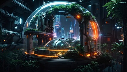 view of the city and green ecosystem inside a beautiful glass dome with orange lights made by ai