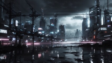 Fototapeta na wymiar Epic future industrial city scene with lots of wires at night and rain made by ai