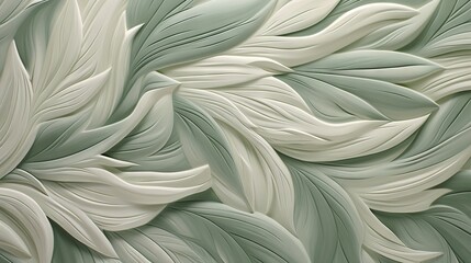  a close up of a green and white wallpaper with leaves.  generative ai
