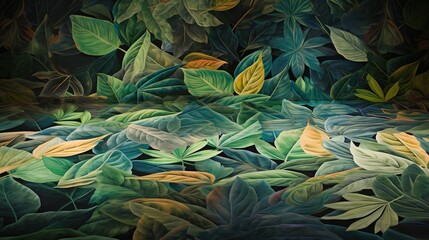  a painting of leaves on a black background with a green and yellow color scheme.  generative ai