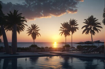 Fototapeta na wymiar Beach Sunset View From Pool - AI Generated