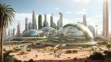 photo of a future urban oasis inside a glass dome in the middle of an arid desert made by ai