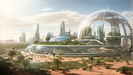 Naklejka premium photo of a future urban oasis inside a glass dome in the middle of an arid desert made by ai