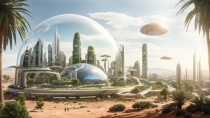 photo of a future urban oasis inside a glass dome in the middle of an arid desert made by ai