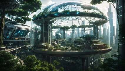 a panoramic photo of the green city ecosystem inside a beautiful glass dome in cyberpunk style made by ai