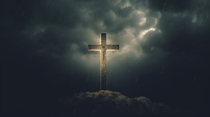 Naklejka premium a glowing cross against a gloomy sky concept faith religion.