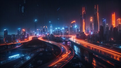 Fototapeta na wymiar Beautiful and epic photos of cityscapes at night with a cyberpunk style made by ai