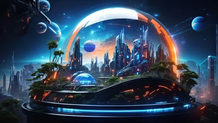 Poster a view of the ancient city with lots of blue and orange lights inside a beautiful glass dome in cyberpunk style made by ai © M.Taufiq