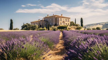 A French chateau surrounded by lavender fields in Provence