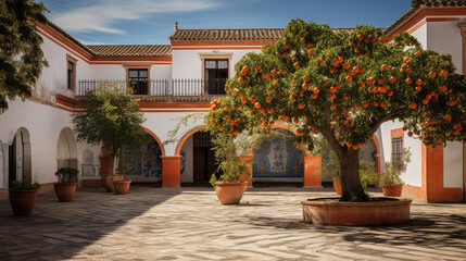 A Spanish hacienda with a courtyard and orange trees