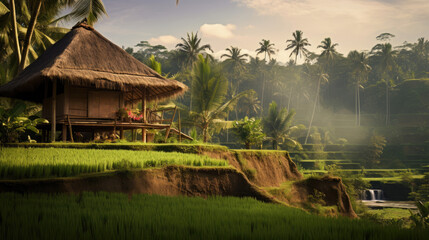 A traditional Balinese hut with thatched roof surrounded by rice terraces