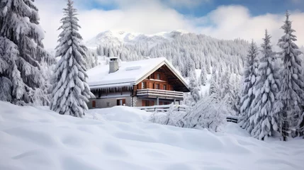 Fotobehang A cozy log cabin amidst snow-covered pine trees in the Swiss Alps © RDO