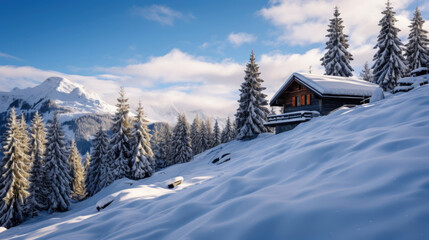 Obraz premium A cozy log cabin amidst snow-covered pine trees in the Swiss Alps