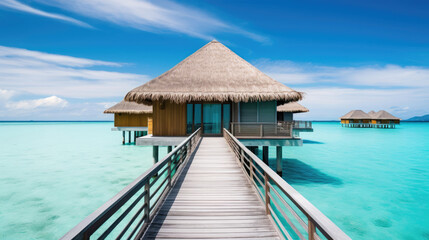 An overwater bungalow with a clear floor in the Maldives