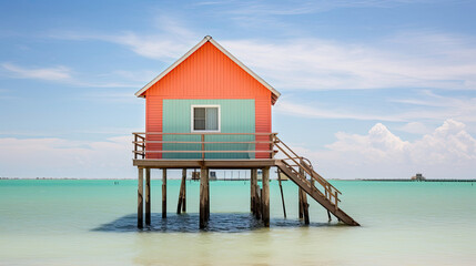 A colorful beach hut on stilts