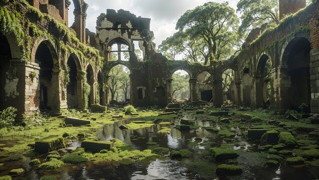 photo of the ruins of an ancient city that has been eaten by age and has been filled with greenery made by ai