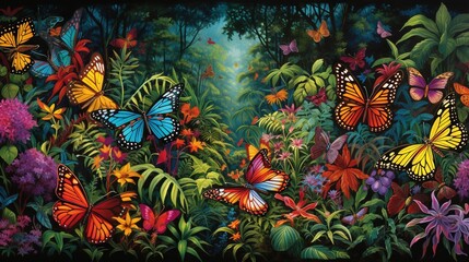 Obraz na płótnie Canvas a painting of butterflies flying over a lush green forest filled with flowers. generative ai