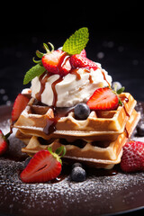 Delicious Belgian Waffles with Fresh Berries and Whipped Cream