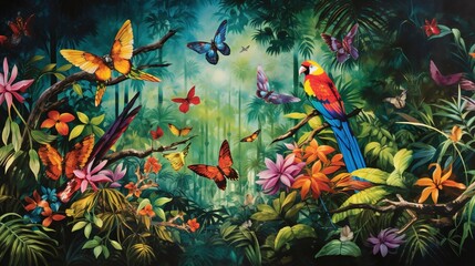 Fototapeta na wymiar a painting of a colorful bird and butterflies in a jungle. generative ai