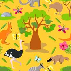 Australian animals seamless pattern. Colored seamless background, australian animals, birds and plants. Kangaroo, ostrich, platypus. For fabric, carpet, wallpaper. Tropical nature, vector background
