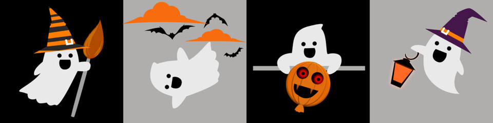 Halloween seamless pattern with happy cutie ghost in gray and black background. 