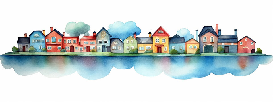 a row of multi-colored houses with a reflection of a watercolor drawing of clouds on a white background.