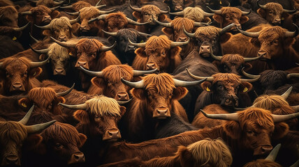 northern shaggy cows bulls texture background herd group of farm animals.