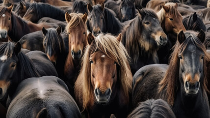 herd of horses close-up, many heads of horses background. - obrazy, fototapety, plakaty