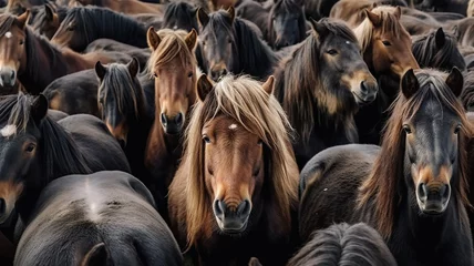 Fotobehang herd of horses close-up, many heads of horses background. © kichigin19