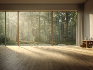 The interior of the house is empty and the wide window at the back reveals the forest. Wooden floors and sunlight enters the room from the wide windows.