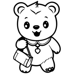Obraz premium Cute bear outline vector illustration, backpack, back to school