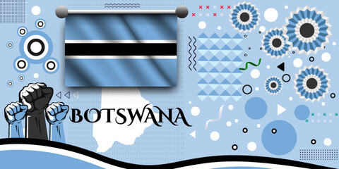 Botswana banner for national day with abstract modern design. Botswana flag and map with typography. raised fists and embroidery background. independence day. Vector Illustration.