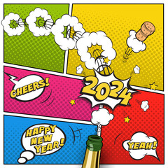 2024 New Year square postcard or greeting card template. Vector festive retro design in comic book or manga style with champagne bottle, flying cork and festive phrases inside speech bubbles