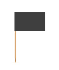 Black flag on wooden toothpick. Rectangle paper topper for cake or other food isolated on white background. Blank mockup for advertising and promotions, location mark, map pointer
