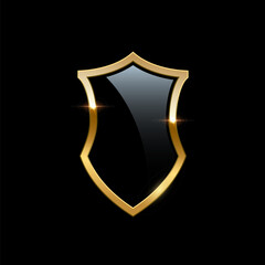 Glass shield with gold frame, metal heraldic emblem vector illustration. Retro luxury element with shining sparkles. Heraldry insignia, antique golden decor on black background