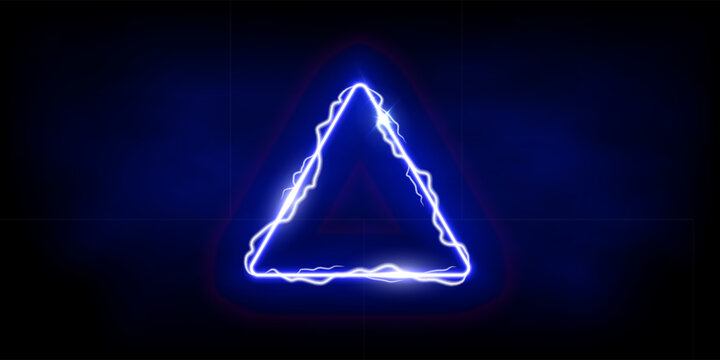 Magic blue triangle of thunder storm blue lightnings. Magic and bright light effects electric border. Plasma frame with thunderbolt electricity lightning power effect on dark fog background