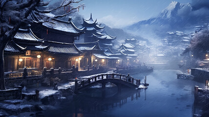 Winter landscape ancient chinese city embankment, chinese new year. - obrazy, fototapety, plakaty