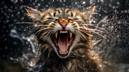 angry wet cat splashing water. - obrazy, fototapety, plakaty