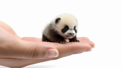 the smallest panda in the palm of your hand. . the concept of nature protection on a white background