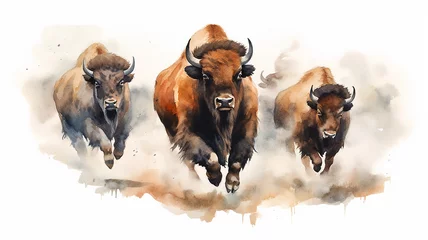 Schilderijen op glas watercolor drawing of a group of bulls running on a white background. © kichigin19