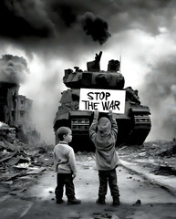 Child holding a stop war sign in front of a tank in destroied bombed city - obrazy, fototapety, plakaty