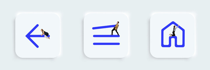 UI actions. Arrow back, menu, home icons, buttons for web, computer and mobile app. Young businesswoman and men interact with signs.