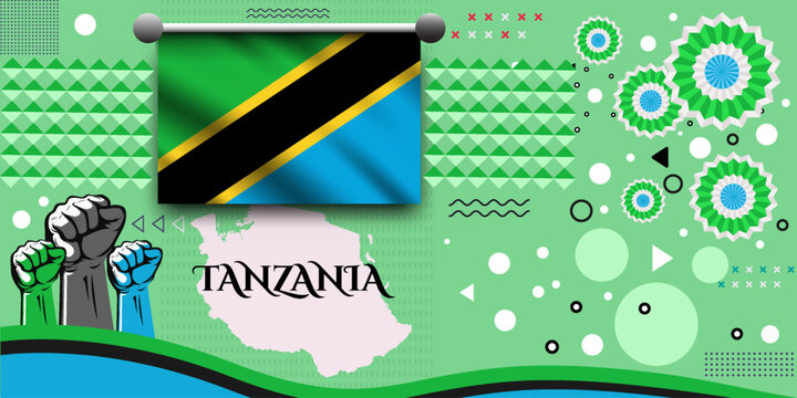 tanzania banner for national day with abstract modern design.tanzania flag and map with typography and blue GREEN  color. raised fists and embroidery background. independence day. Vector Illustration. - Powered by Adobe