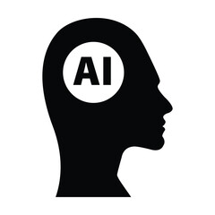 AI, Artificial intelligence icon of woman human face with a digital chip on brain for computer and technology silhouette illustration