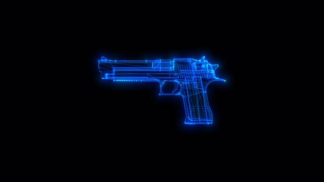 3D gun hologram spinning on a transparent background. 360 Degree rotation. Looped video. 4K