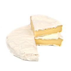 Brie cheese in white mold on white background