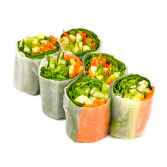 Fresh roll in rice paper on a white background