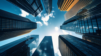 High glass tall building skyscrapers from the ground above view with blue sky and sun, office exterior design.